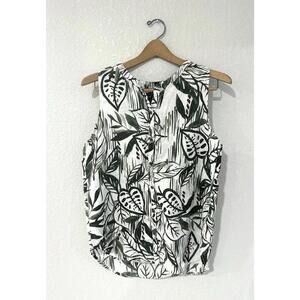 Tahari White and Green Floral Sleeveless Button Up Shirt Women's Size M
